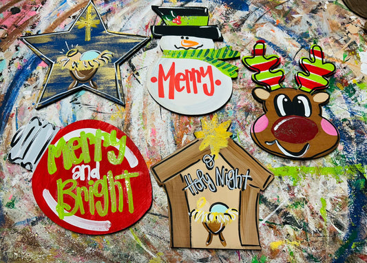Variety Christmas ornaments, hand painted, 5”: Tan cross O Holy Nigjt