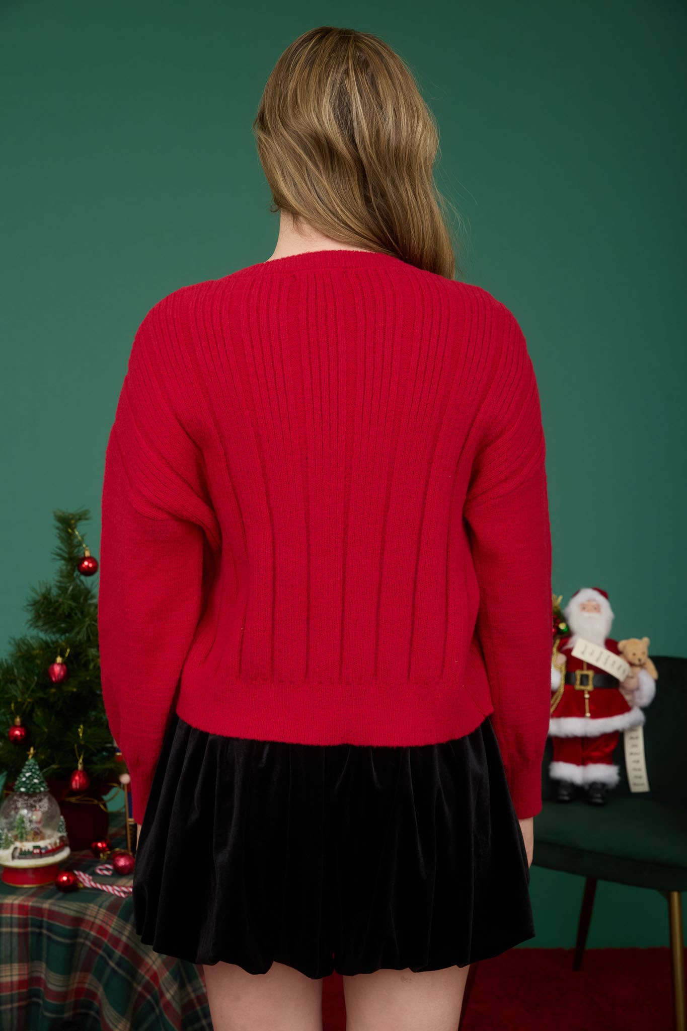 POM POM DETAIL CONTRAST BOW TIE KNIT CARDIGAN: RED