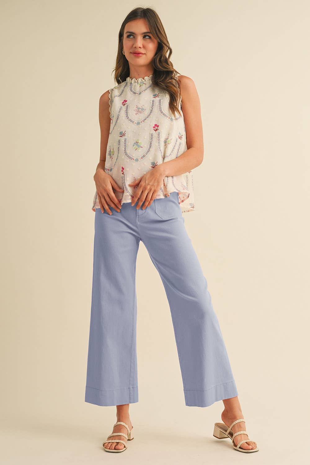 HIGH WAIST CROPPED WIDE LEG PANTS: Conflower Blue