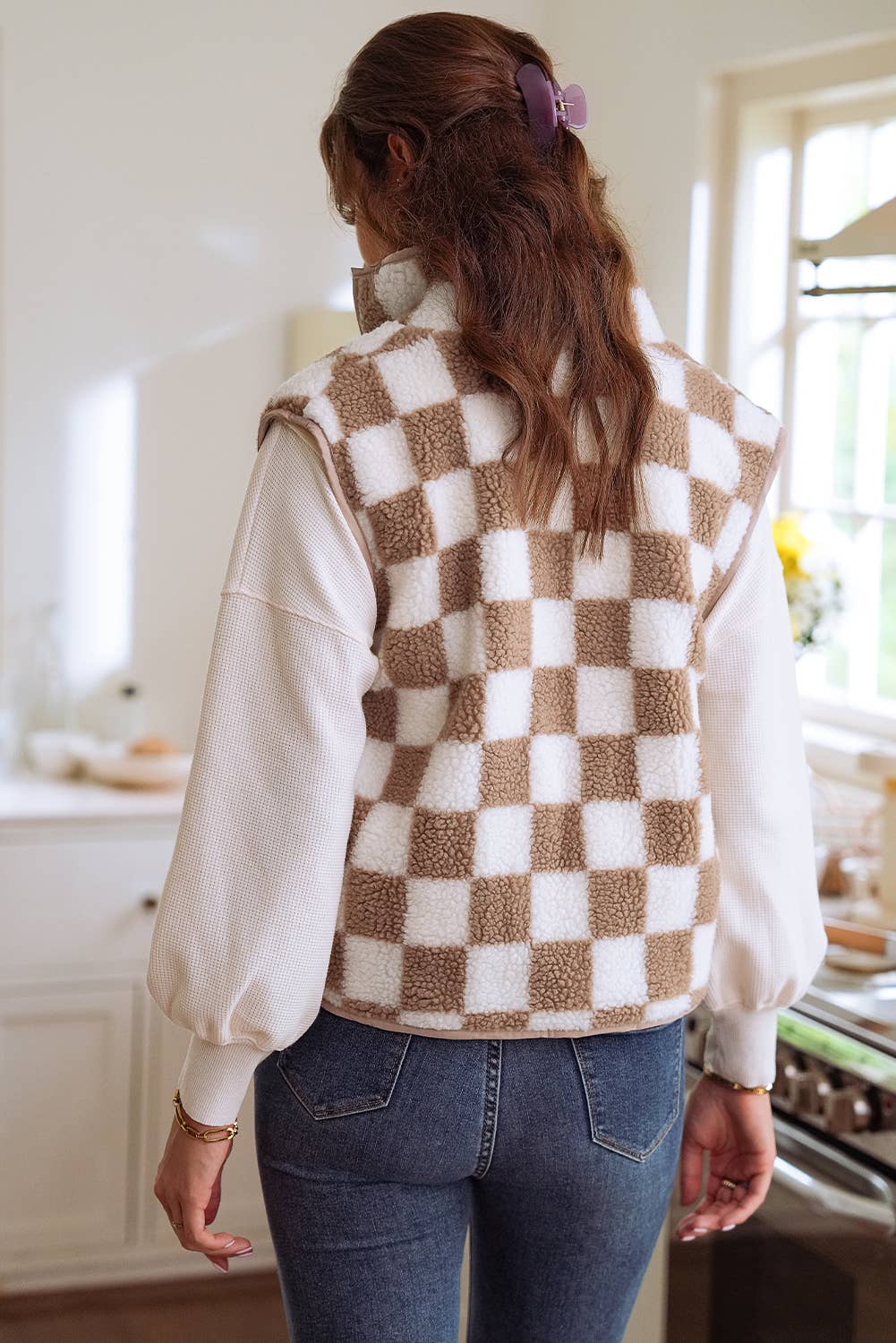 Checkered Sherpa Collared Jacket Vest