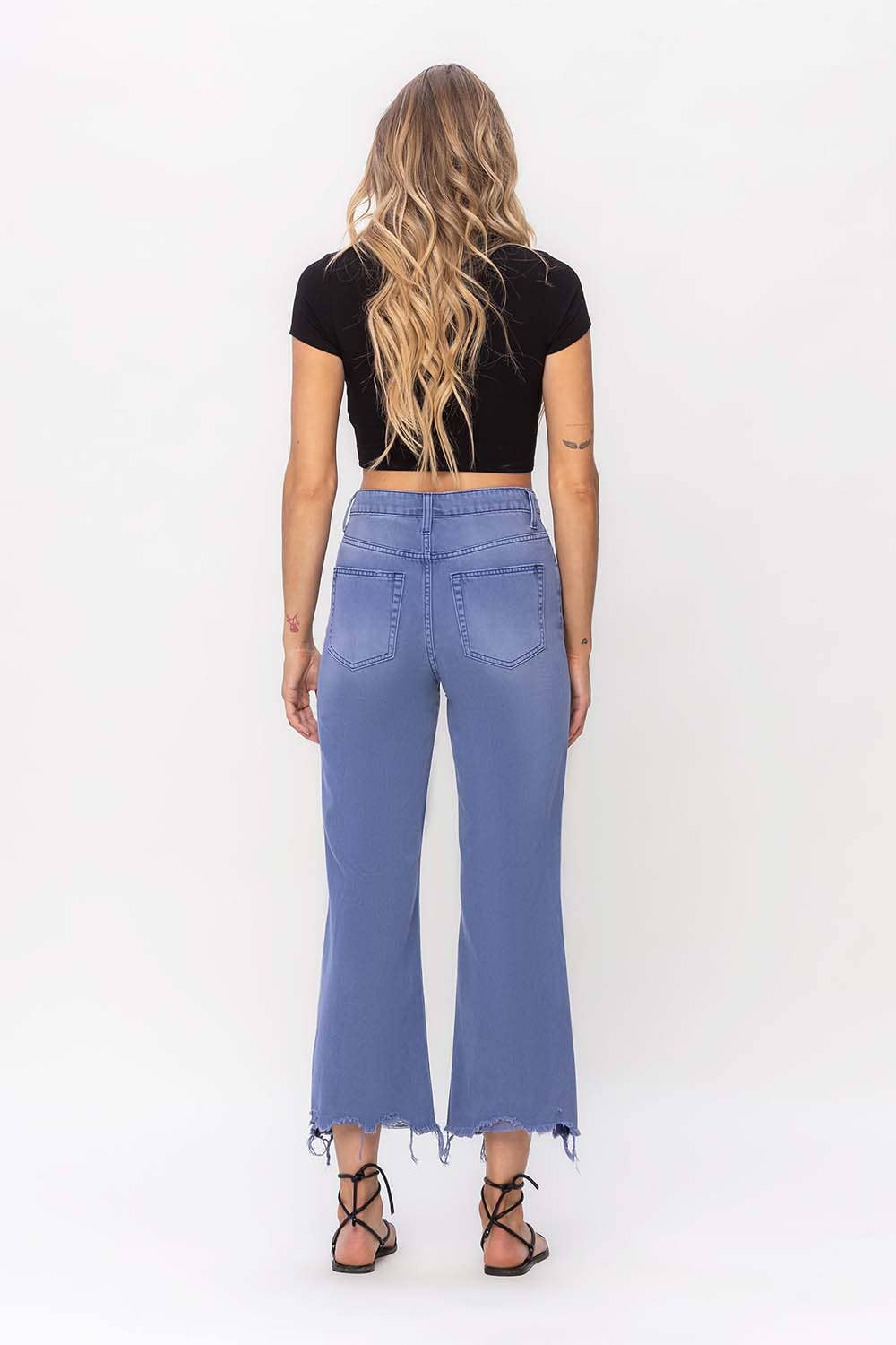 90'S VINTAGE SUPER HIGH RISE CROP FLARE JEANS: INDIGO