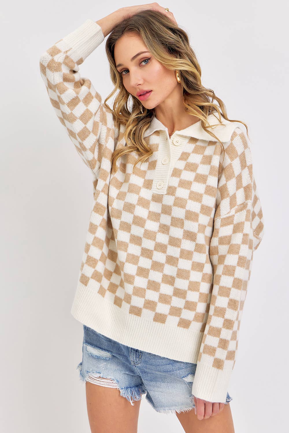 PLAID HALF BUTTONED COLLARED SWEATER: Pink / Contemporary / S