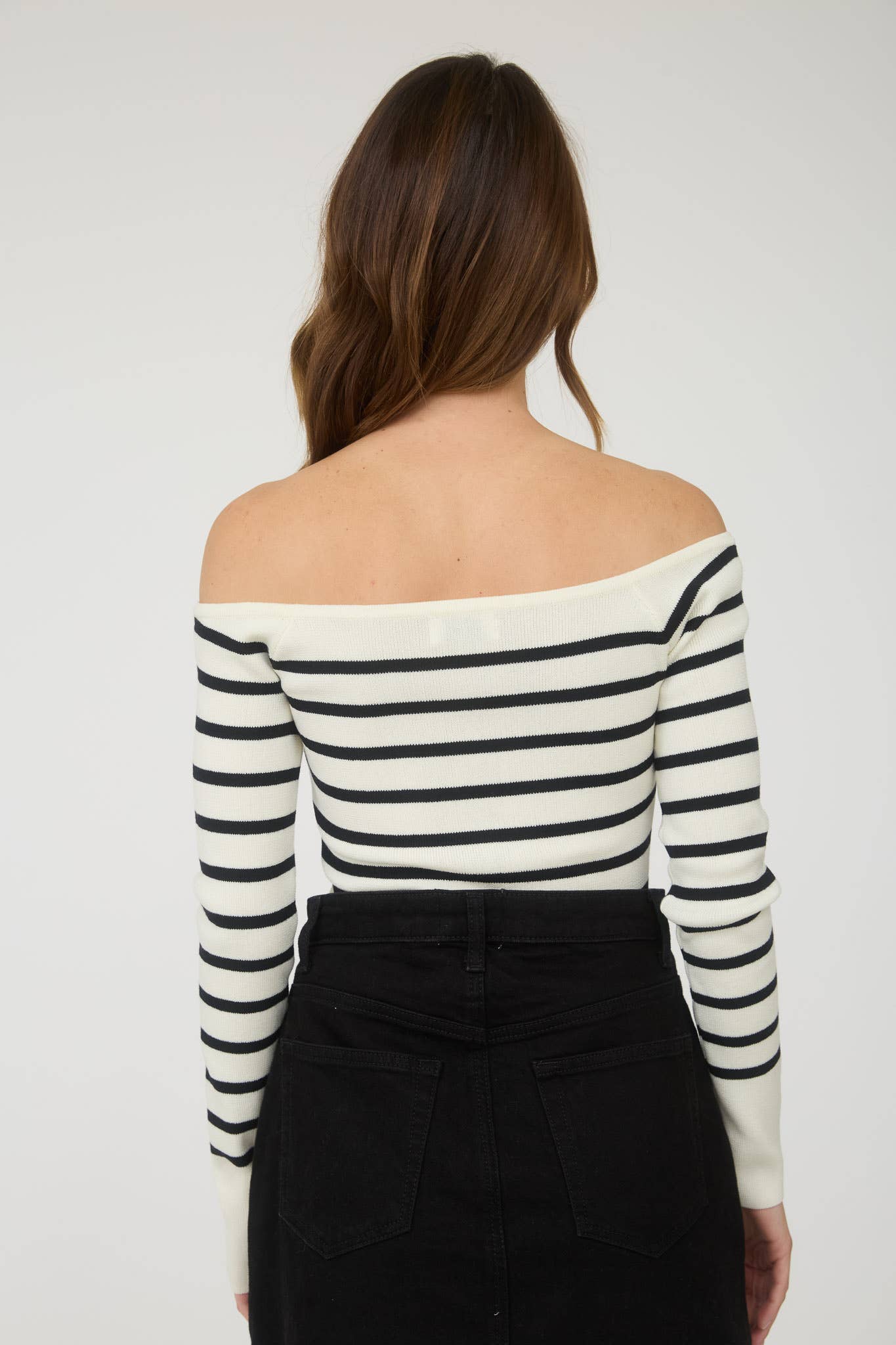 STRIPE OFF THE SHOULDER LONG SLEEVE KNIT SWEATER: IVORY