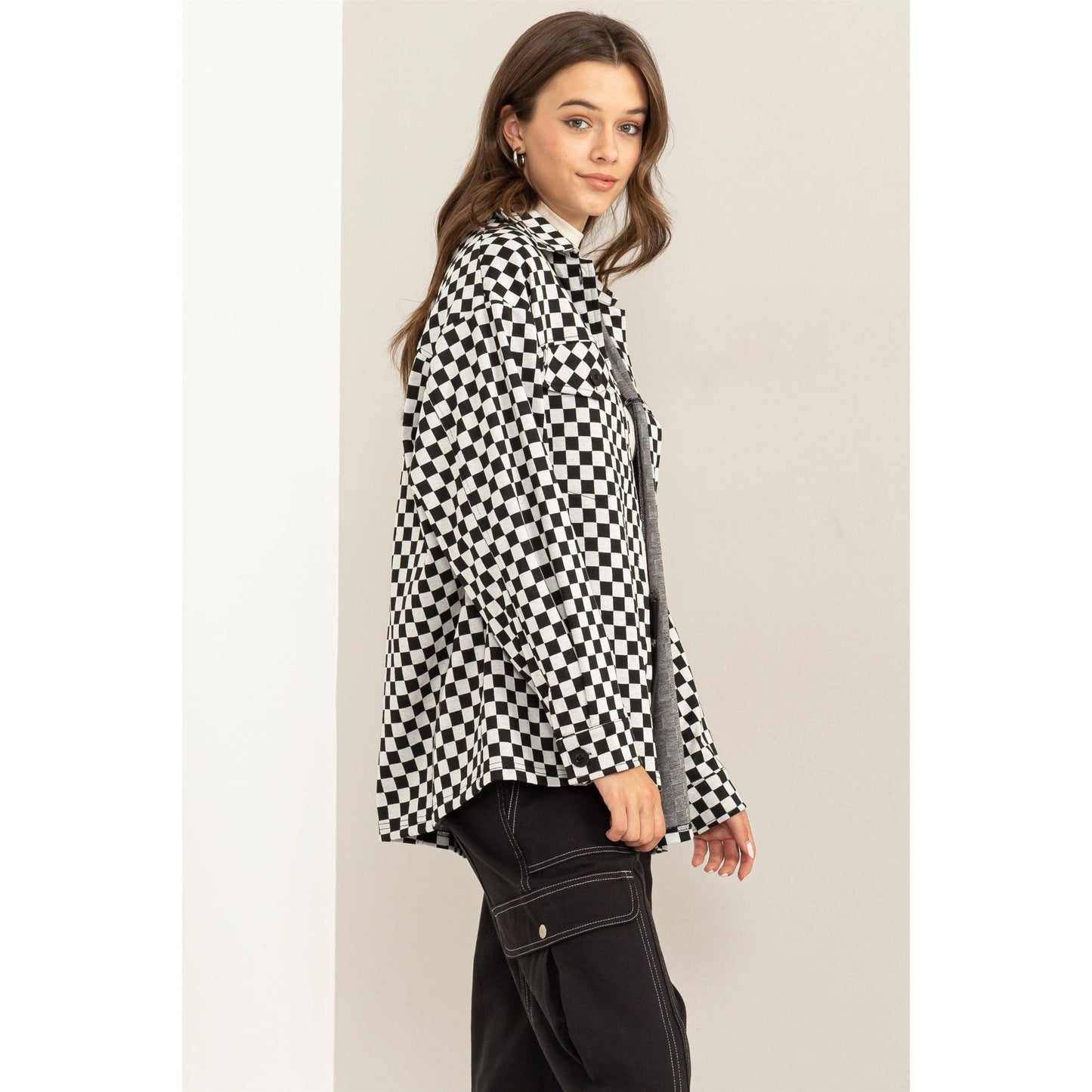 HYFVE Checkerboard Pattern Shacket: BLACK / WHITE
