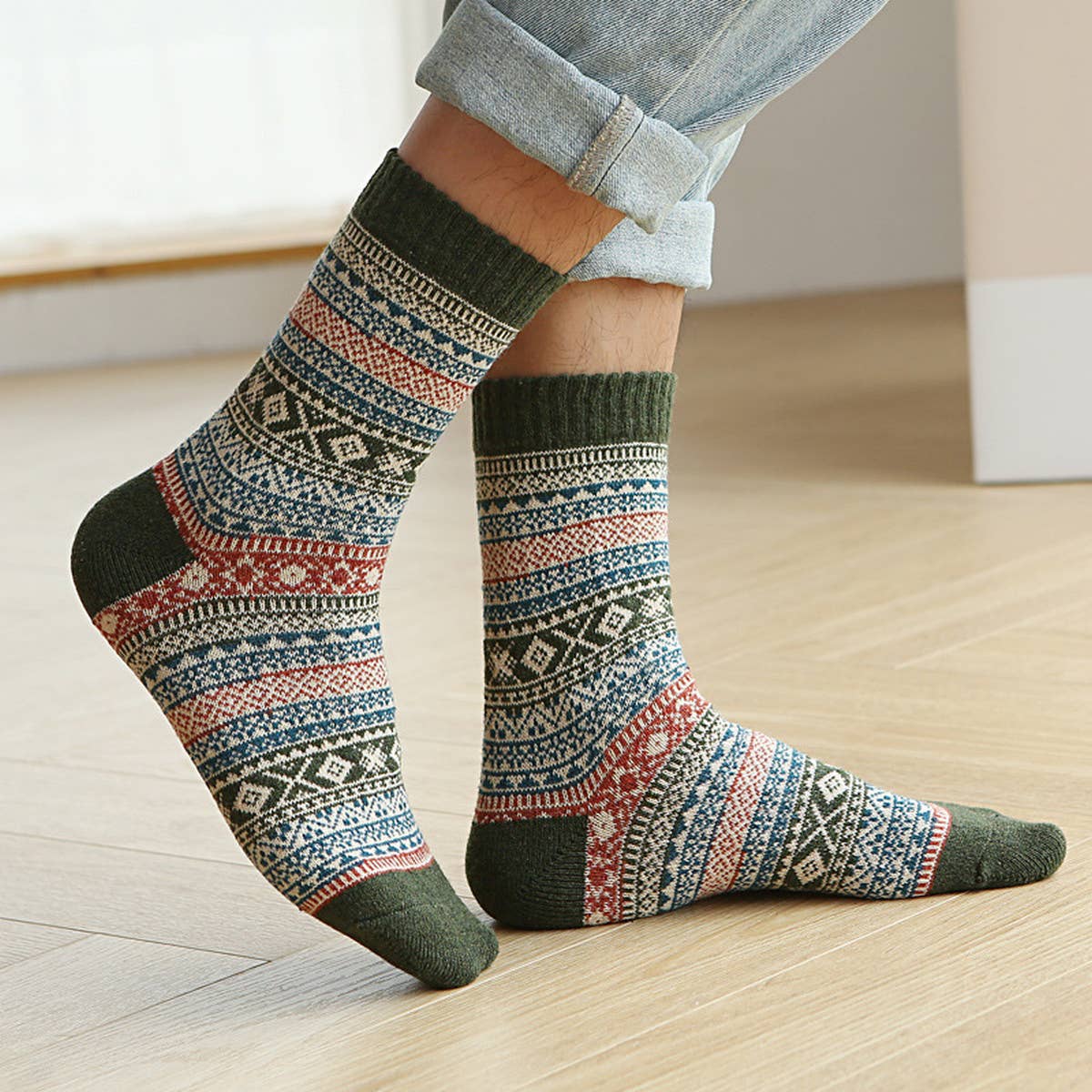 5 PAIRS OF ETHNIC STYLE SMALL DIAMOND WOOL SOCKS_CWMS0677: TYPE3 / (OS) 2
