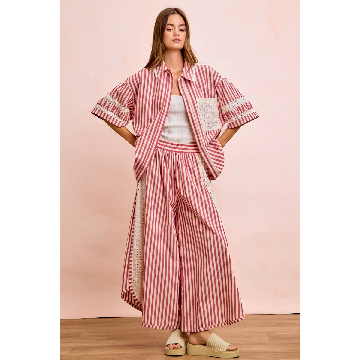 FLORAL EYELET SIDE ELASTIC STRIPES WIDE LEG PANTS: LIGHT PINK