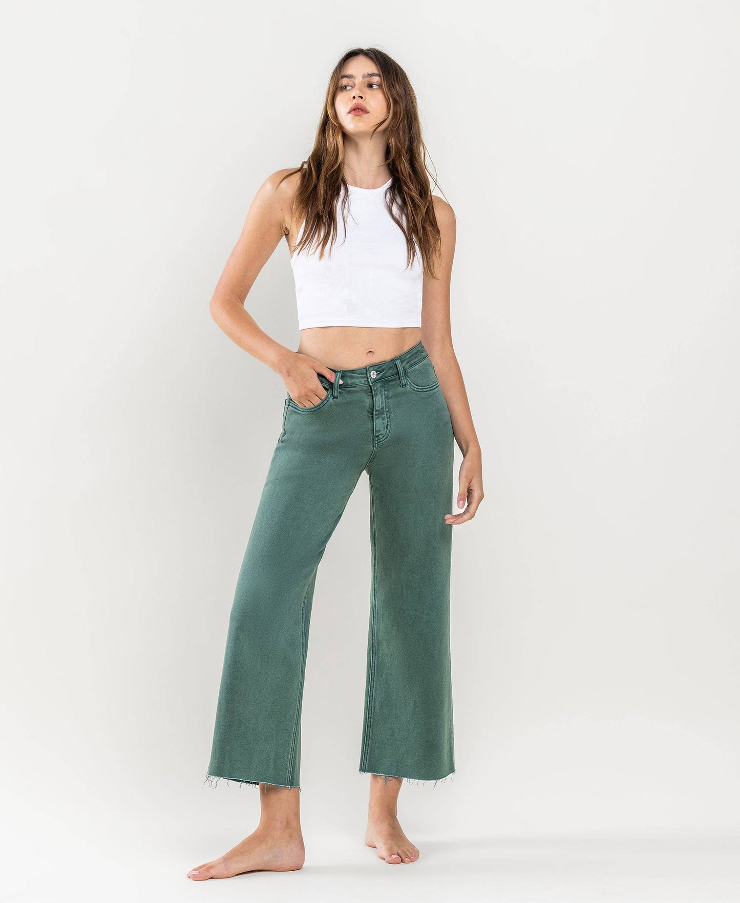 HIGH RISE CROP WIDE LEG JEANS MALLARD GREEN