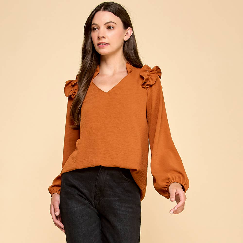 Ruffle Shoulder V-Neck Blouse: Adobe