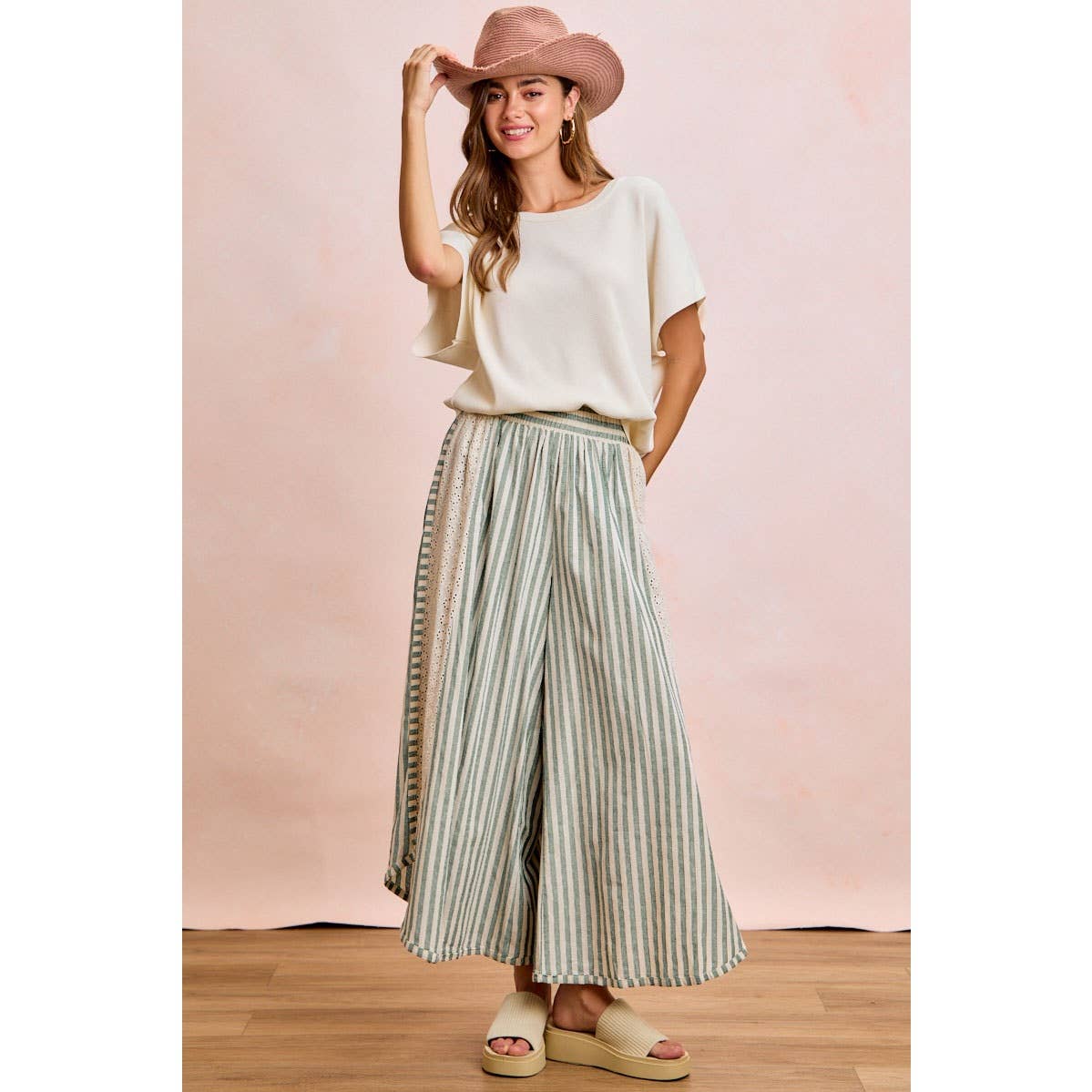 FLORAL EYELET SIDE ELASTIC STRIPES WIDE LEG PANTS: LIGHT PINK