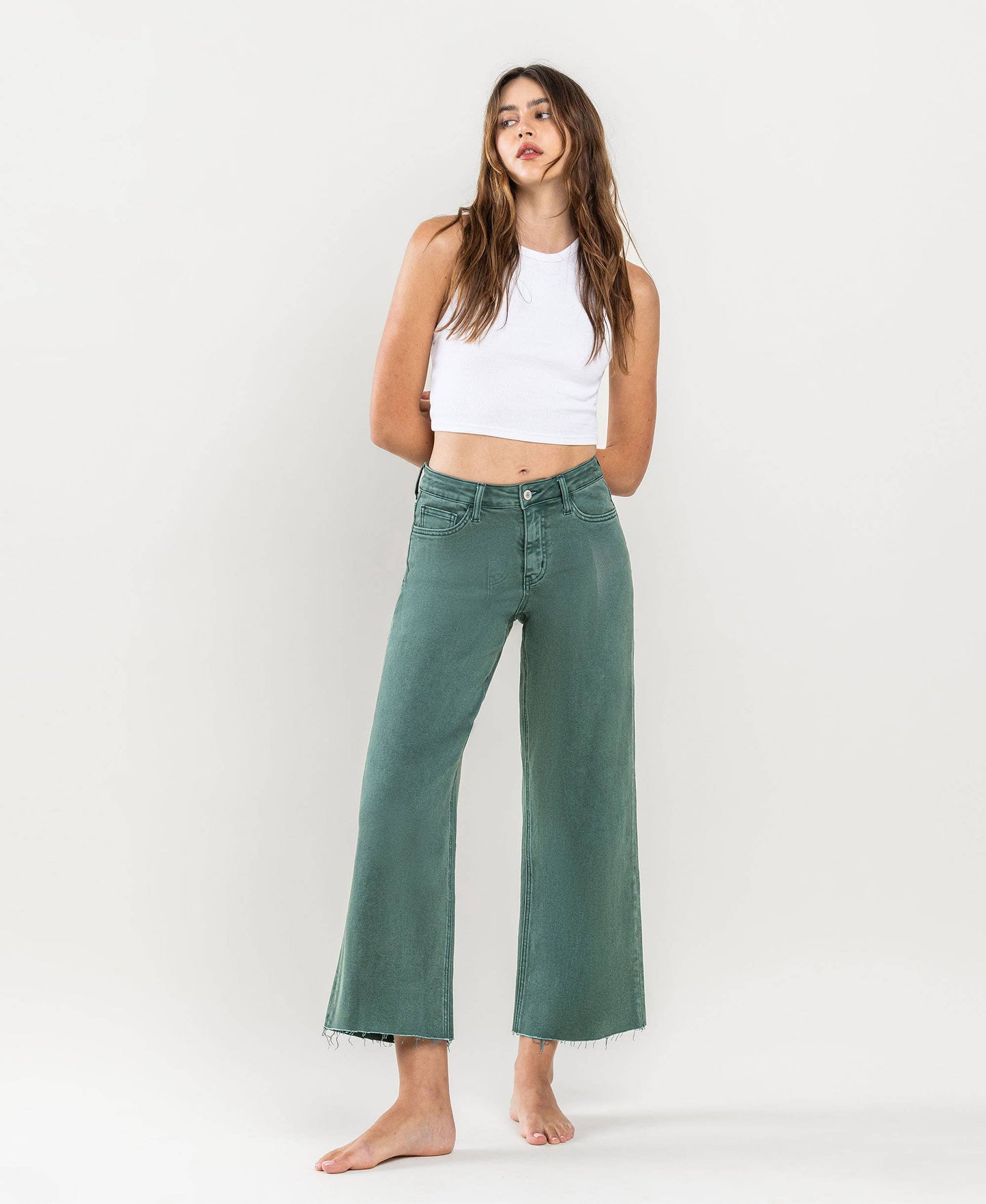 HIGH RISE CROP WIDE LEG JEANS MALLARD GREEN