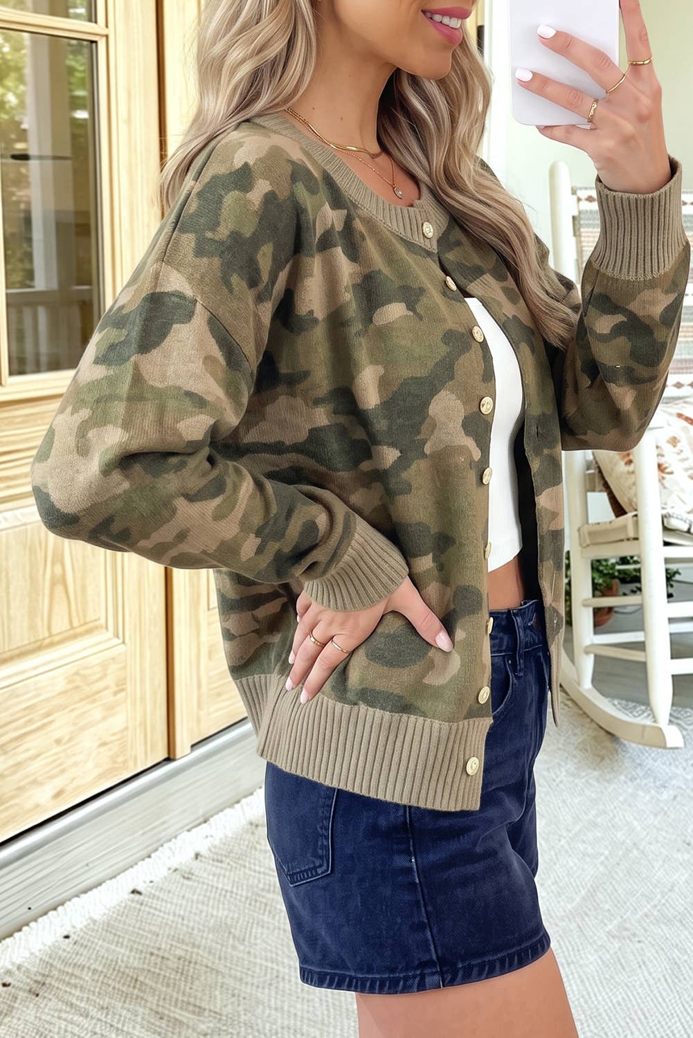 Hot Camo Knit Ribbed Trim Button Sweater Cardigan