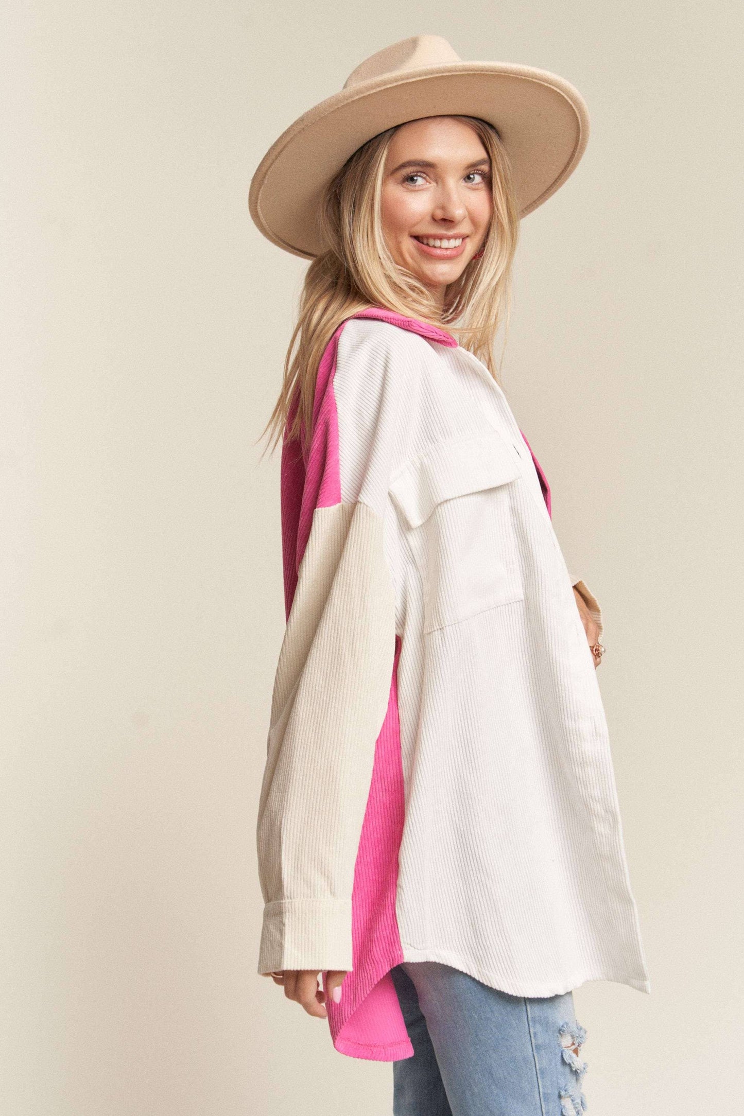LEJ2636- CORDUROY COLOR BLOCKED SHACKET: WHITE/HOT PINK