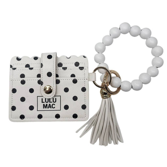 PRE ORDER- LM-Beaded Wristlet ID Wallet White/Black Dot