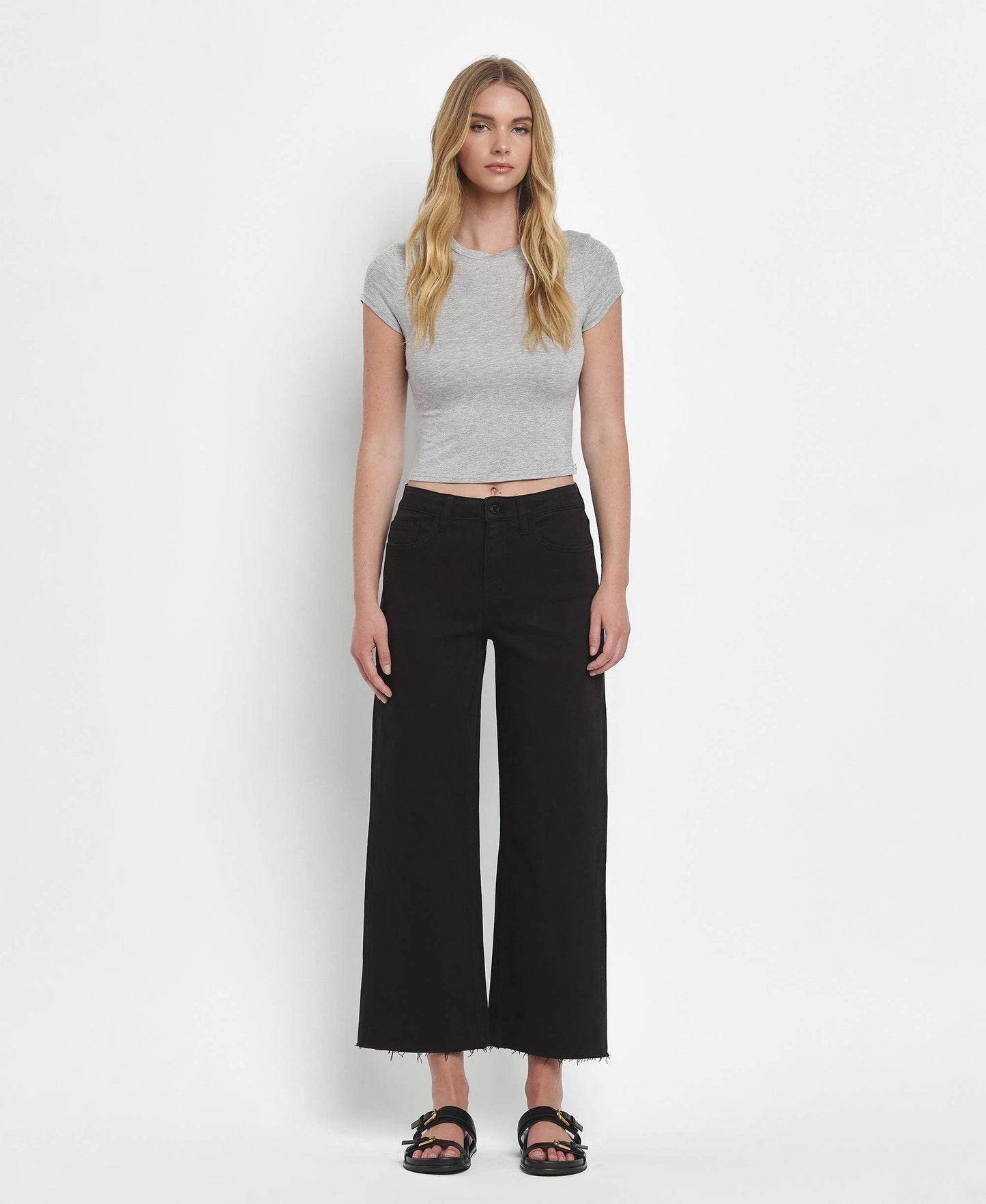 HIGH RISE CROP WIDE LEG JEANS T5894BK: Black
