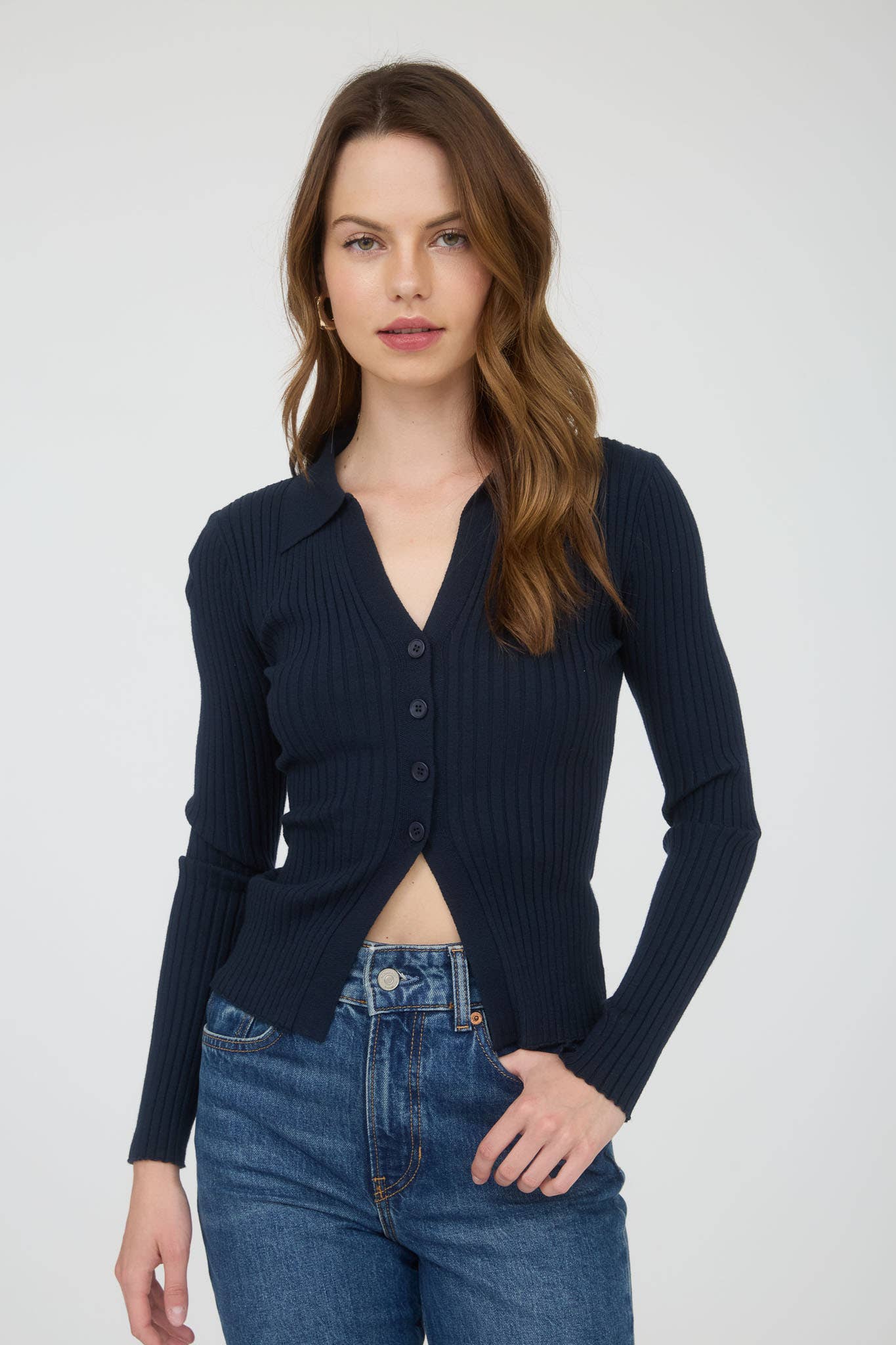 COLLARED BUTTON FRONT LONG SLEEVE SWEATER KNIT TOP: NAVY