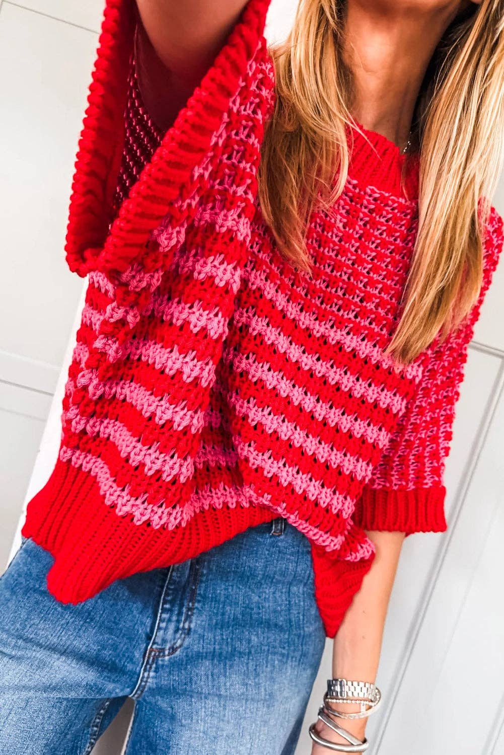Red Striped Slouchy Knit Sweater with 3/4 Draped Sleeves: Red Stripe / 100%Acrylic