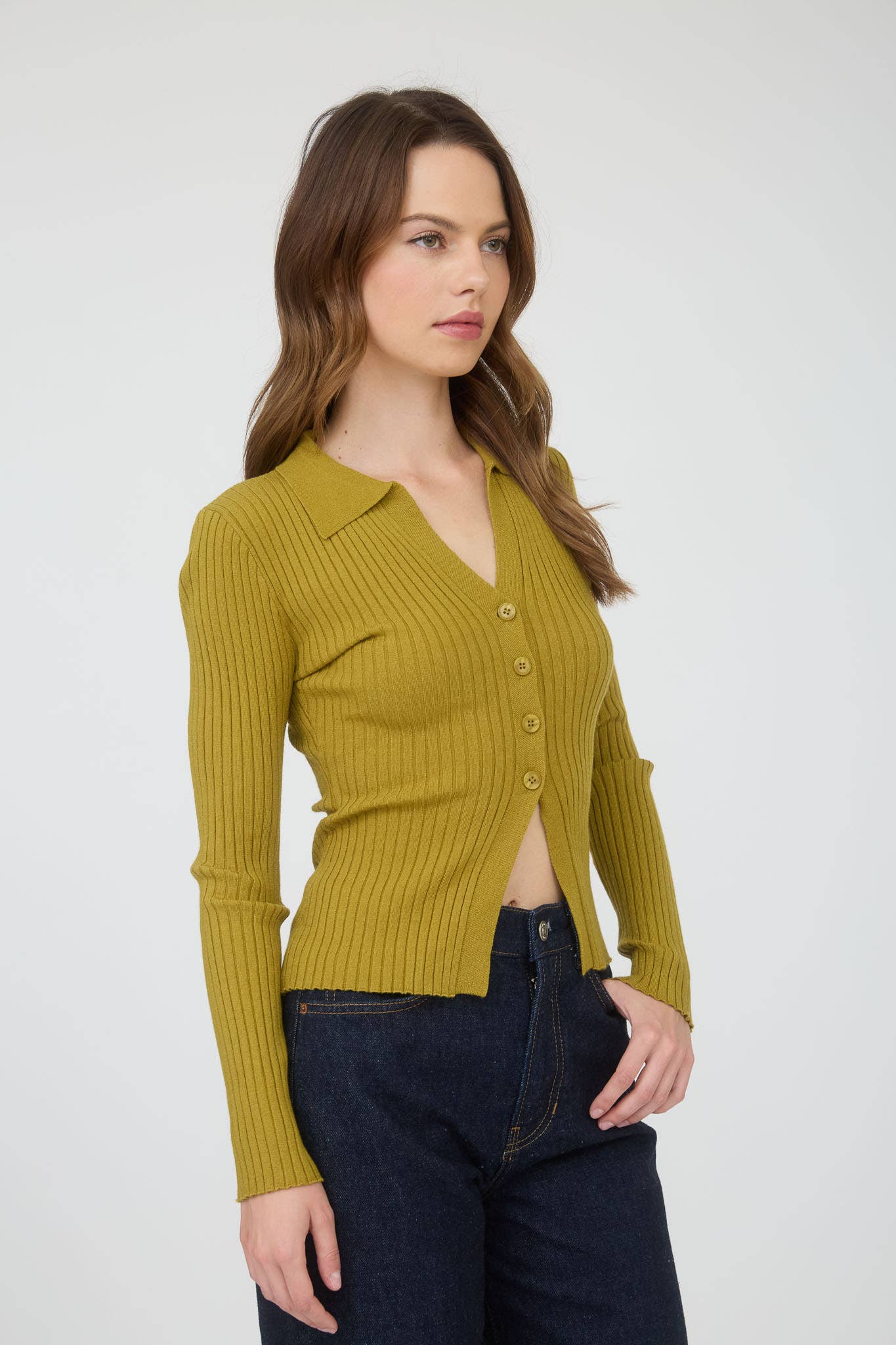 COLLARED BUTTON FRONT LONG SLEEVE SWEATER KNIT TOP: NAVY