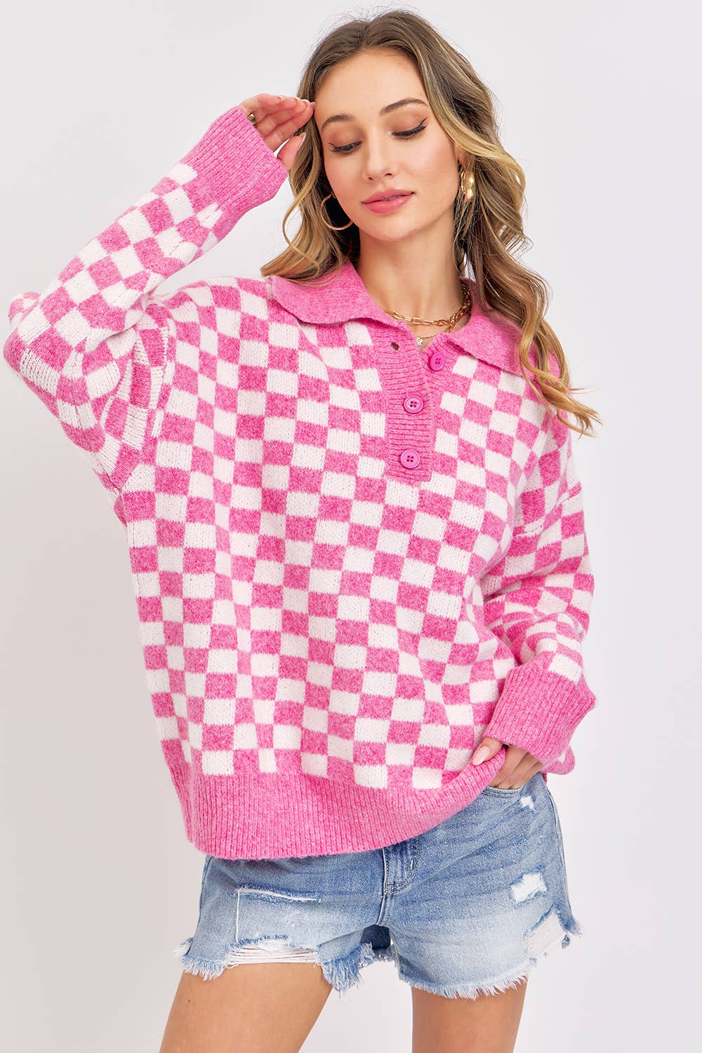 PLAID HALF BUTTONED COLLARED SWEATER: Pink / Contemporary / S