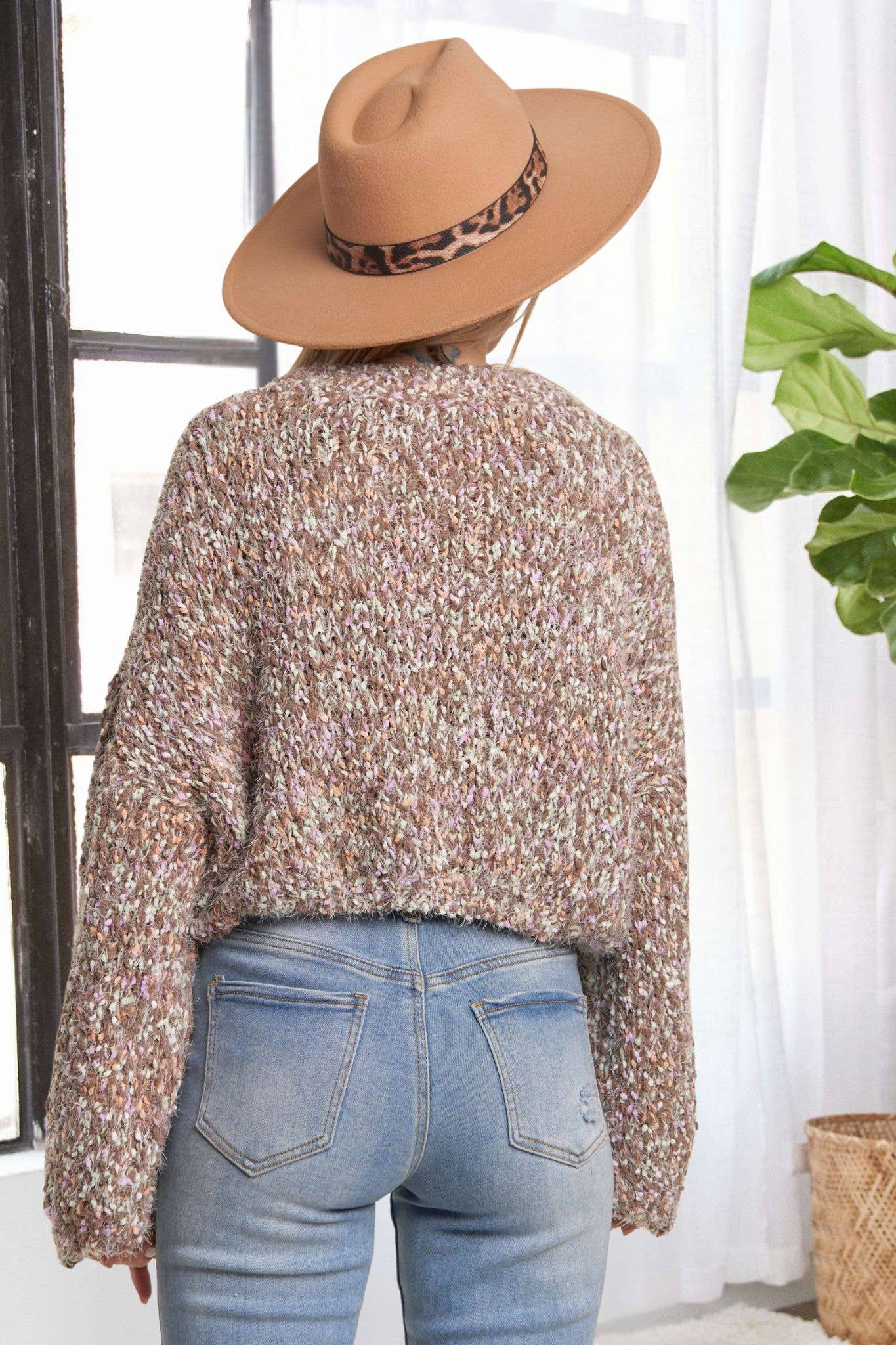 LESW3457-MULTI POPCORN TEXTURED SWEATER TOP: BROWN /