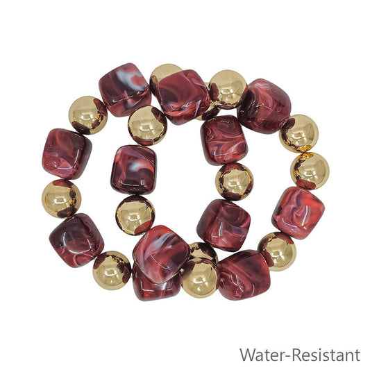 Water Resistant Set of 2 Gold and Maroon 16mm and 14mm Stretch Bracelets