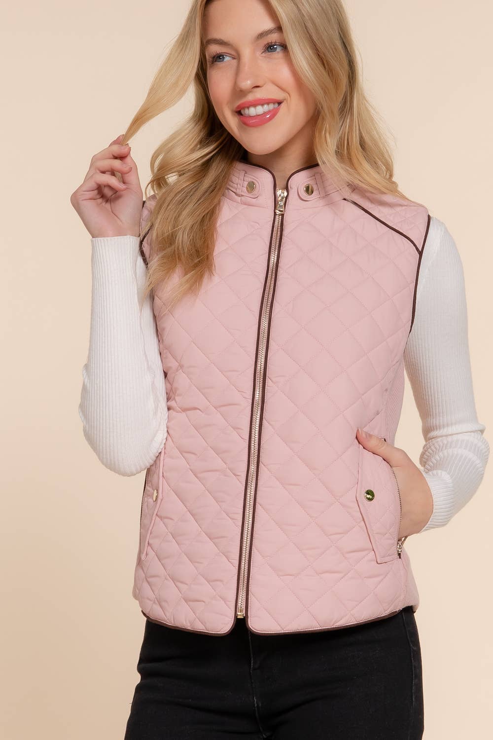 Suede Piping Detail Rib Quilted Padding Vest: PNK-beige pink