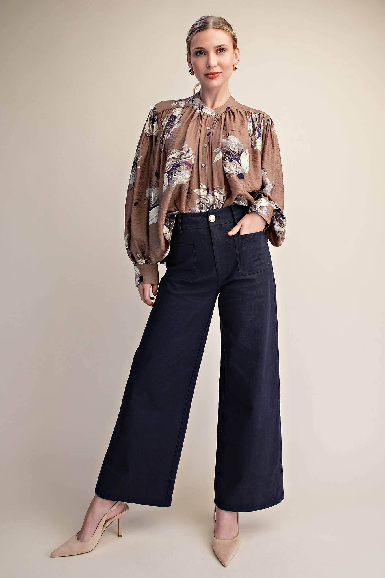 Stretchy Jeans High Rise Front Pocket Wide Leg: Navy