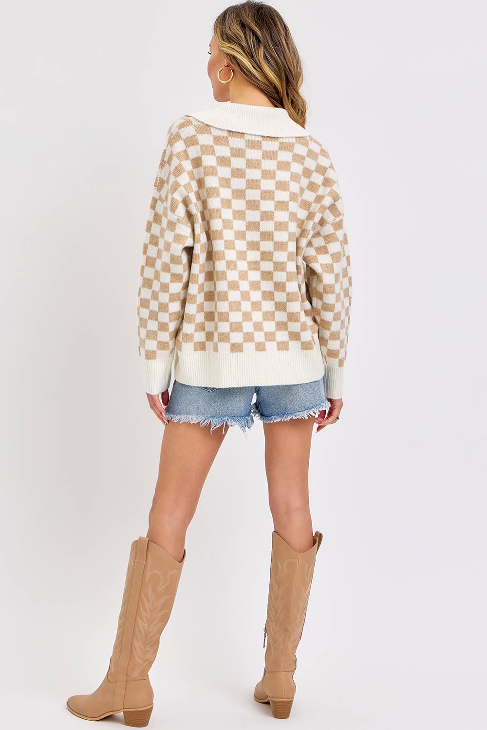 PLAID HALF BUTTONED COLLARED SWEATER: Pink / Contemporary / M