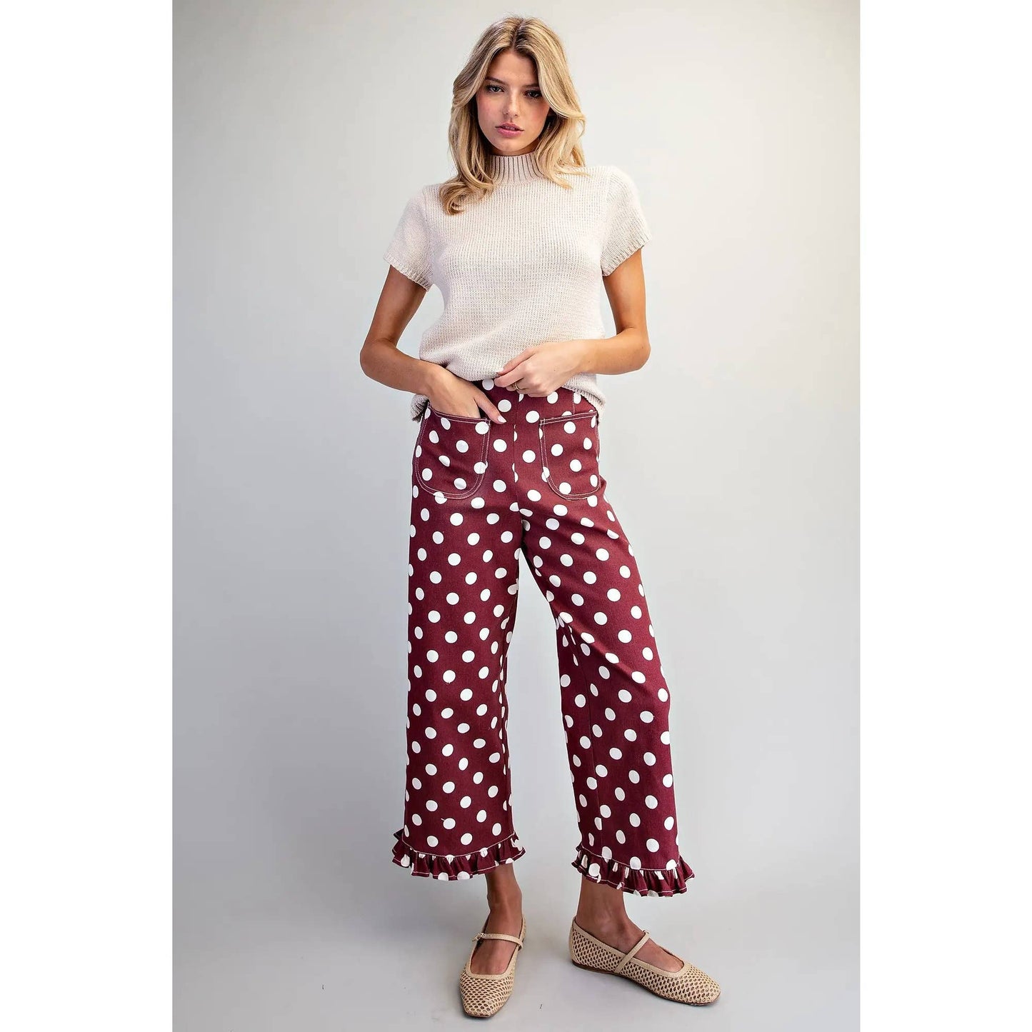 NEW Polka Dot Ruffle Hem Pants: WINE