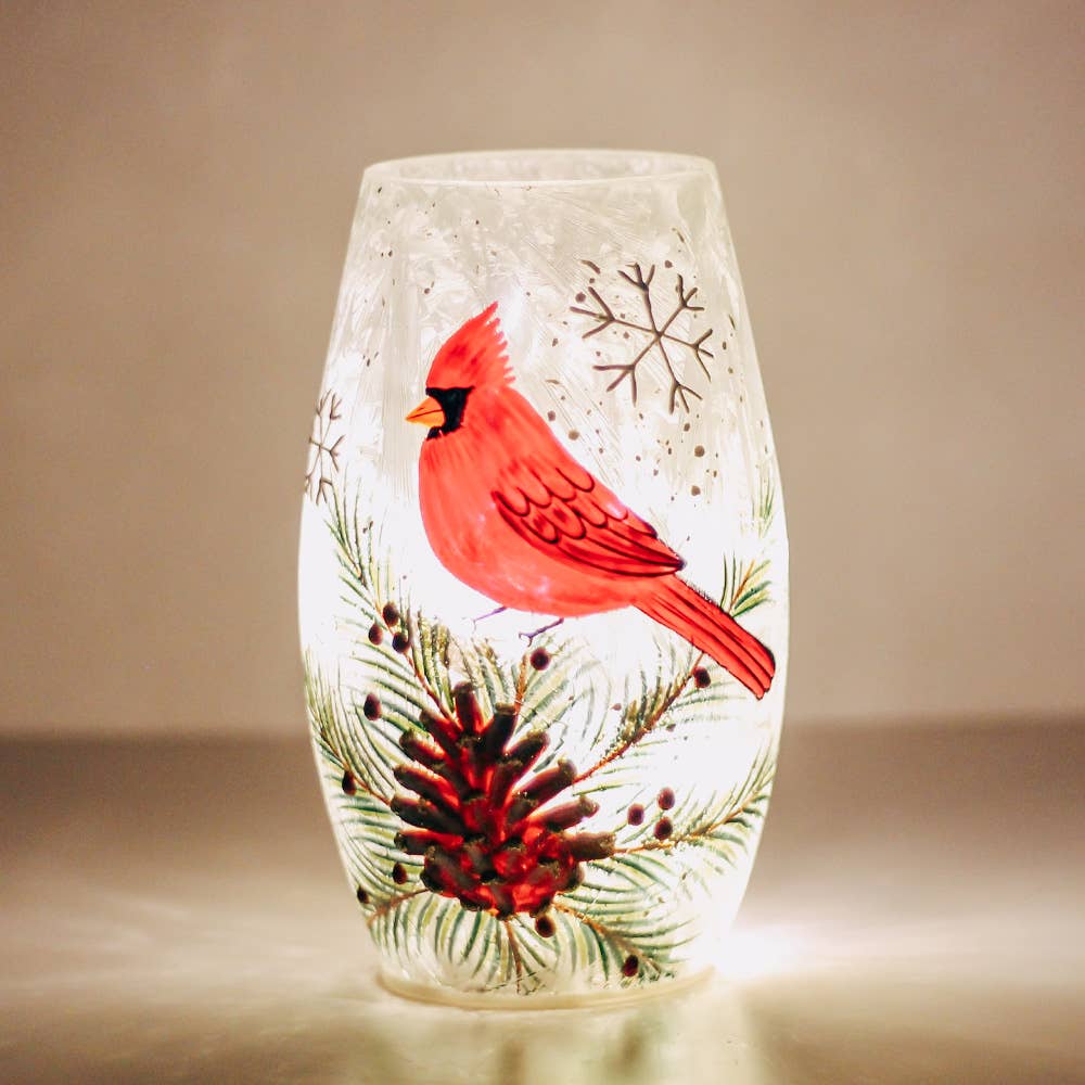 Cardinal Present Short Vase with LED String Lights — Christmas, Holiday Decorations