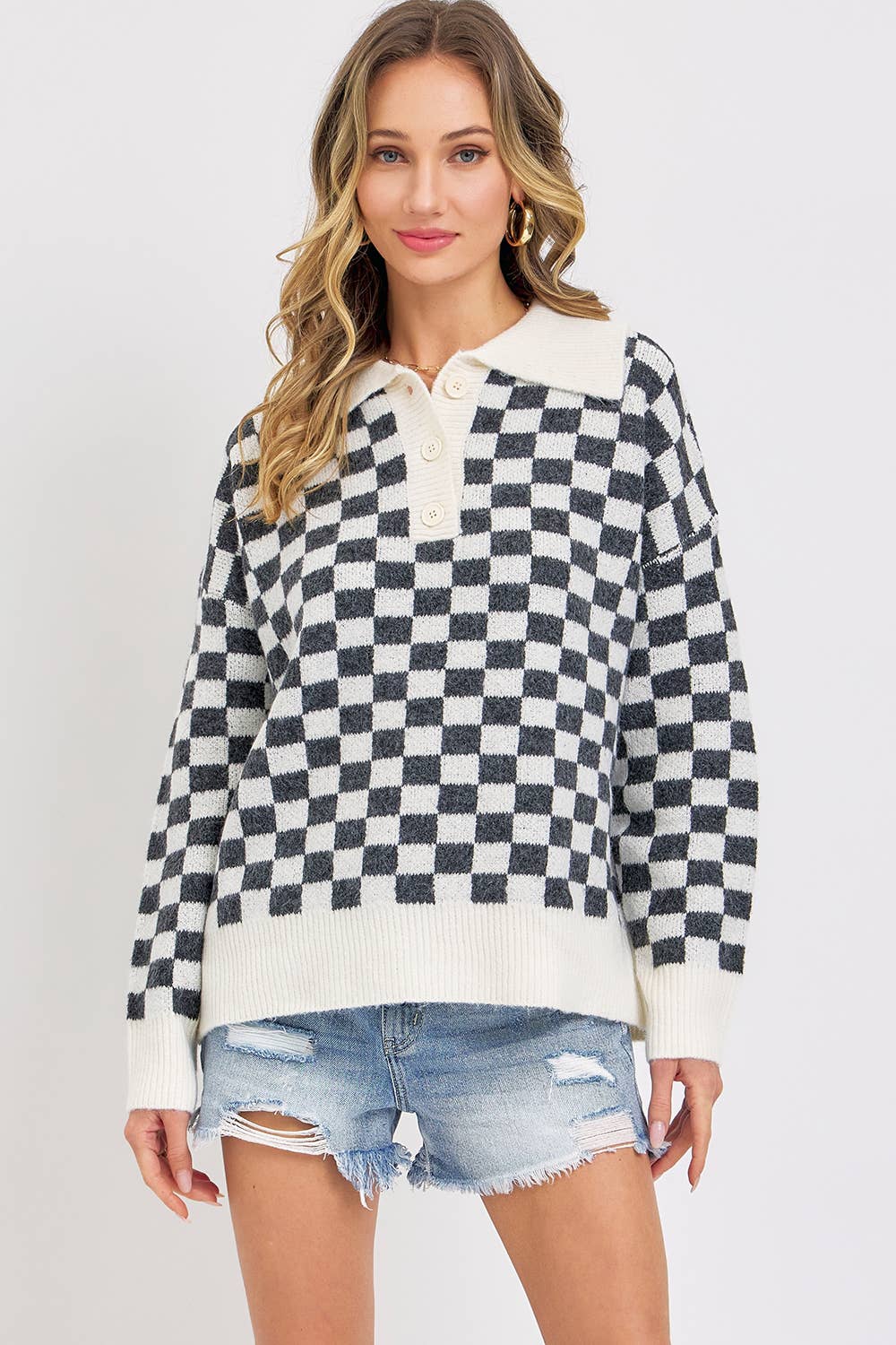 PLAID HALF BUTTONED COLLARED SWEATER: Pink / Contemporary / S