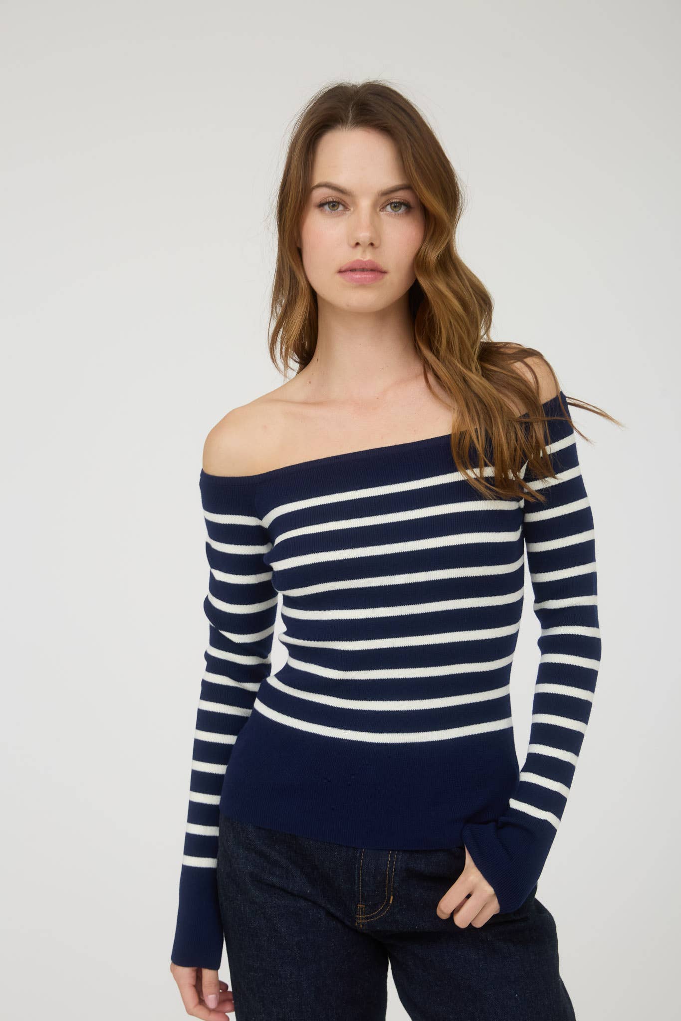 STRIPE OFF THE SHOULDER LONG SLEEVE KNIT SWEATER: IVORY
