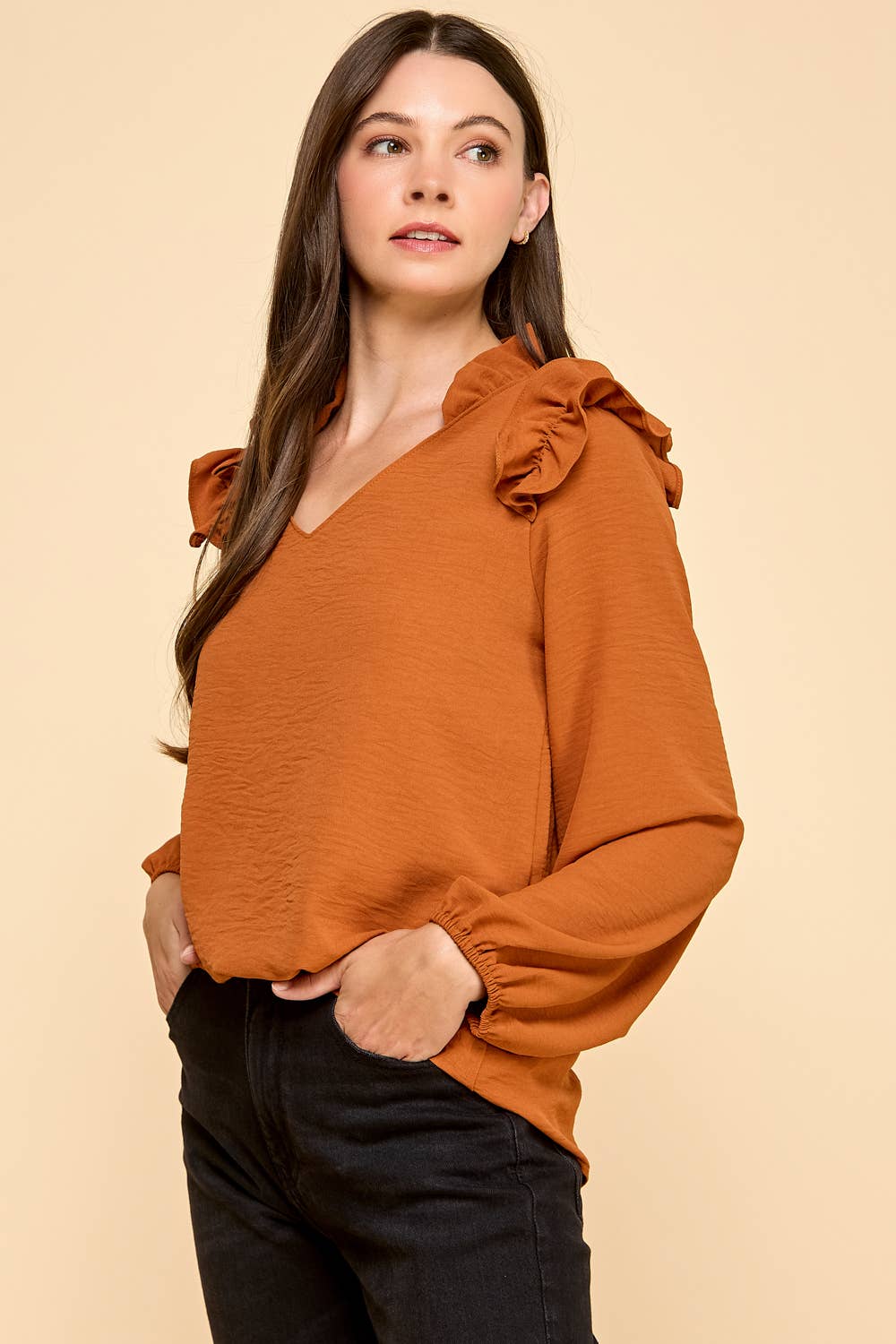 Ruffle Shoulder V-Neck Blouse: Adobe