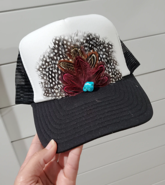 Western Feather Crown Trucker Hat: Black