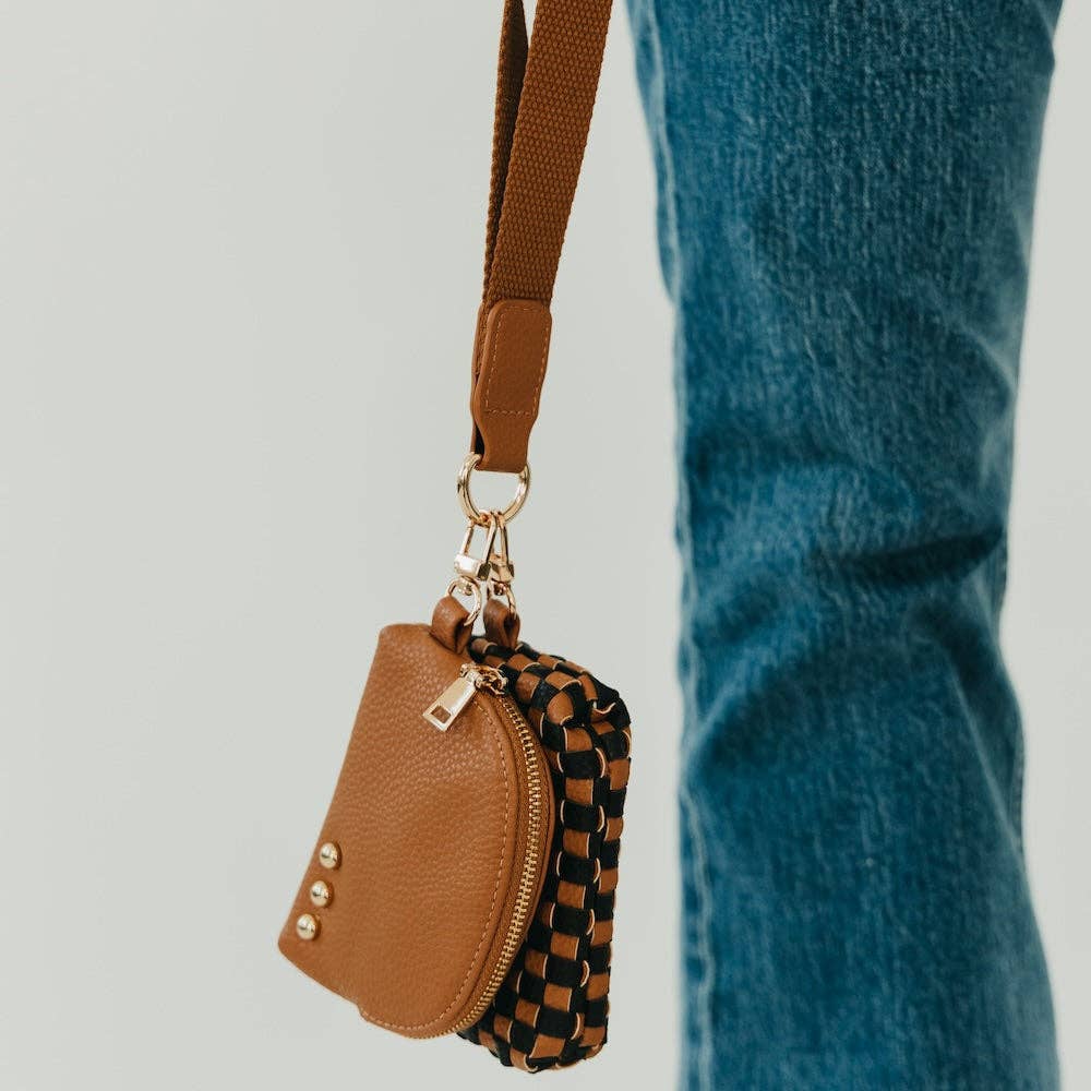 Wonderlust Woven Dual Pouch Wristlet: Brown Checkered