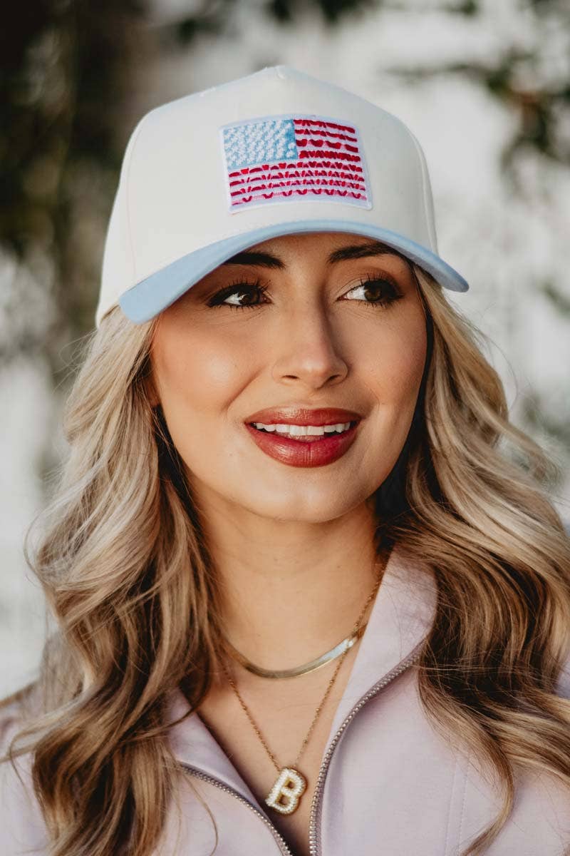 American Flag Two-Toned Fitted Hat: Light Blue and Tan