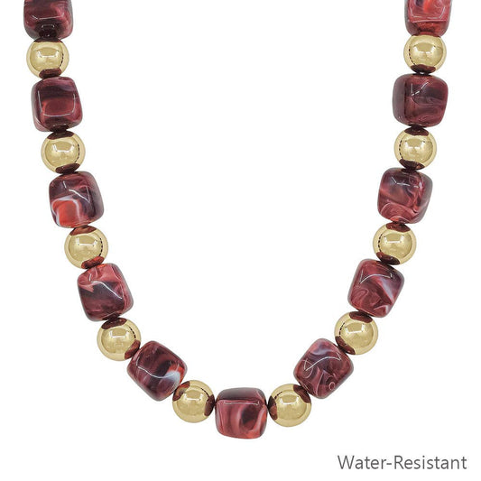 Water Resistant Gold and Maroon 14MM Beaded 16"-18" Necklace