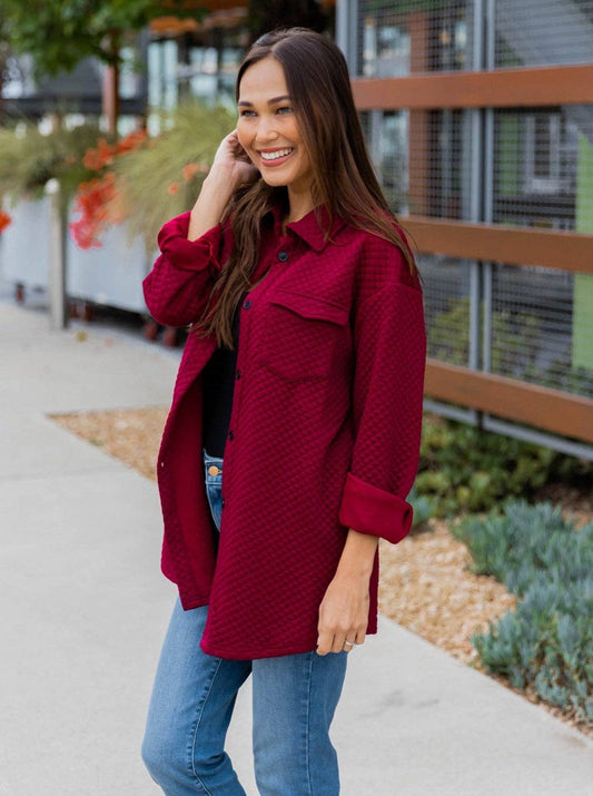 Quilted Shacket: Dark Red / XL
