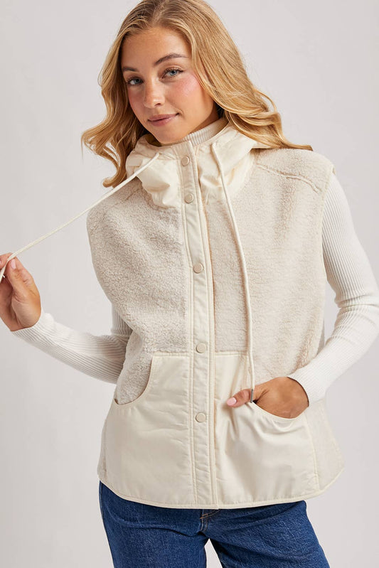 SHERPA FLEECE HOODED VEST WITH FAUX SUEDE INNER