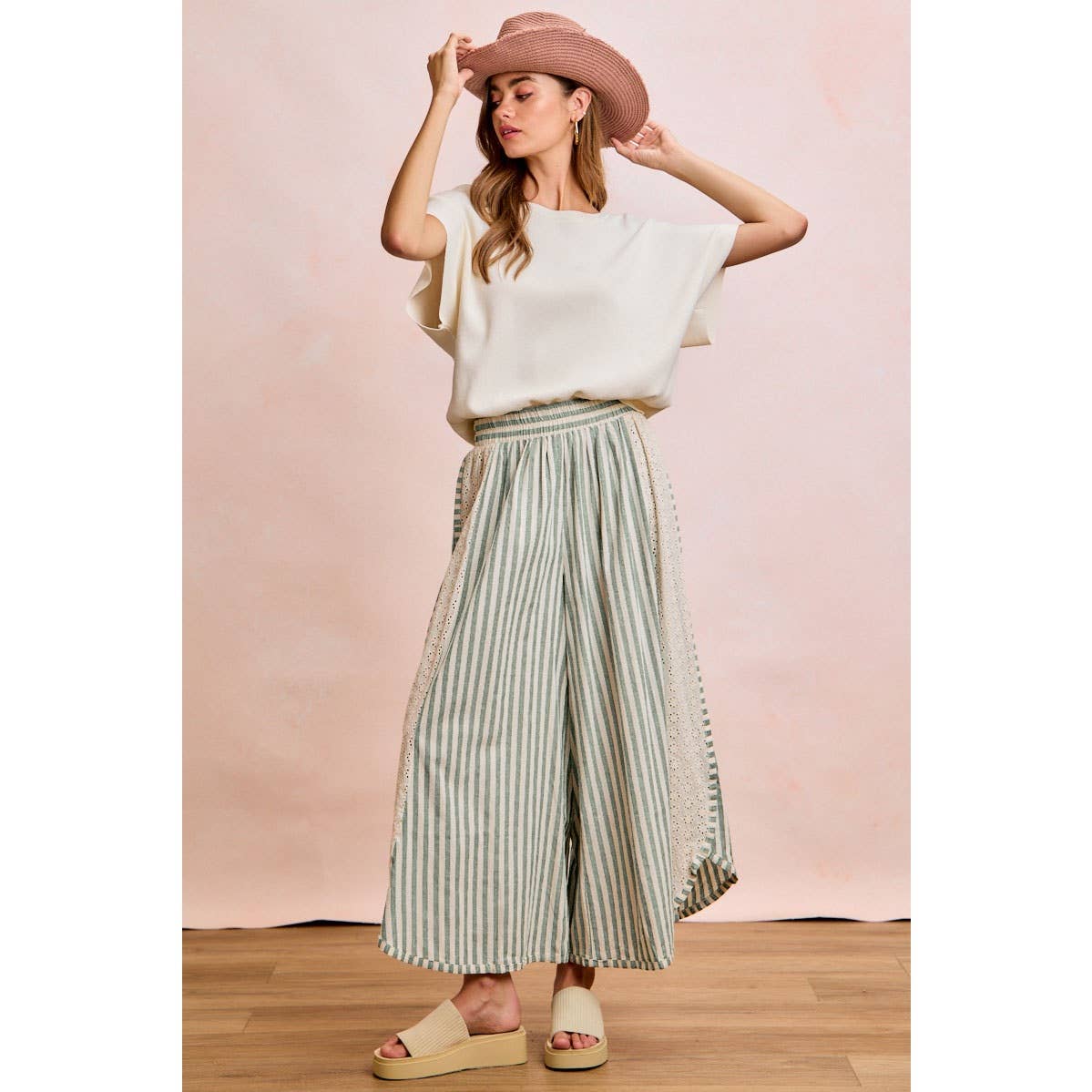 FLORAL EYELET SIDE ELASTIC STRIPES WIDE LEG PANTS: LIGHT PINK