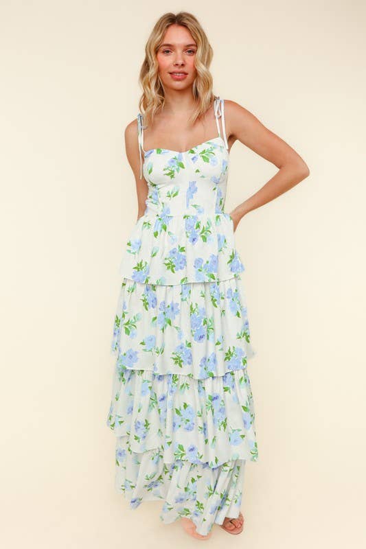 Strap Shoulder Buistier Tiered Maxi Floral Dress