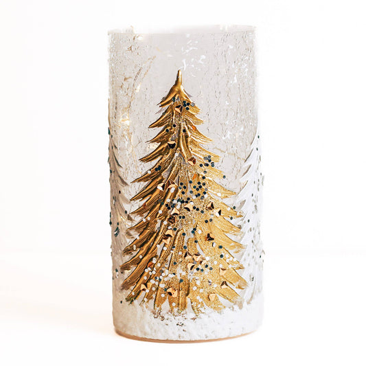 Gold Tree Glass Pillar with LED String Lights — Christmas, Holiday Decorations