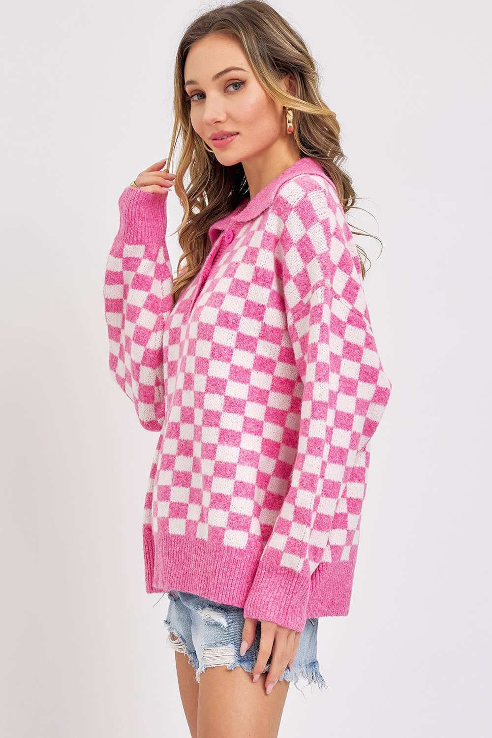 PLAID HALF BUTTONED COLLARED SWEATER: Pink / Contemporary / S