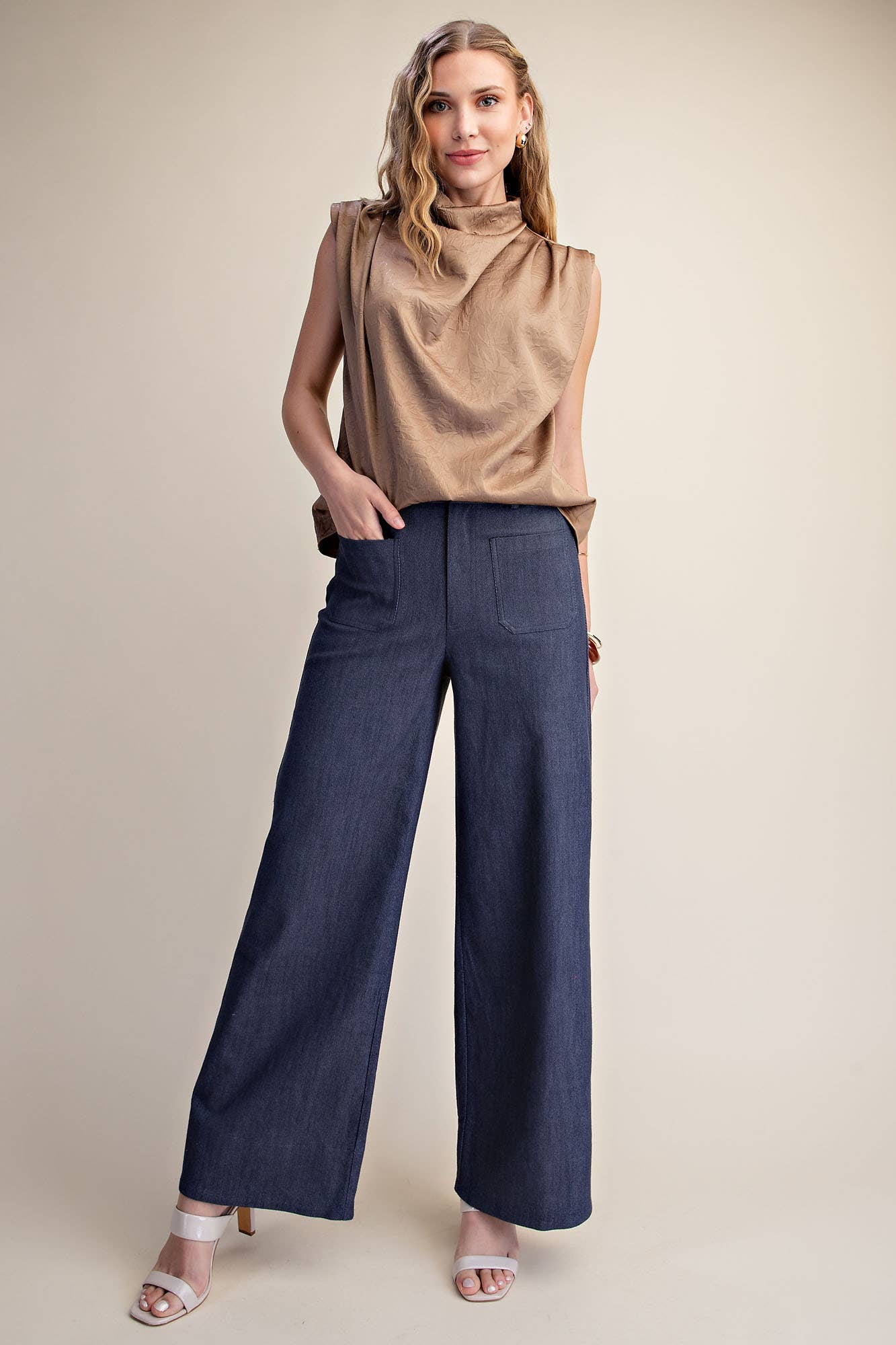 Stretchy Jeans High Rise Front Pocket Wide Leg: Navy