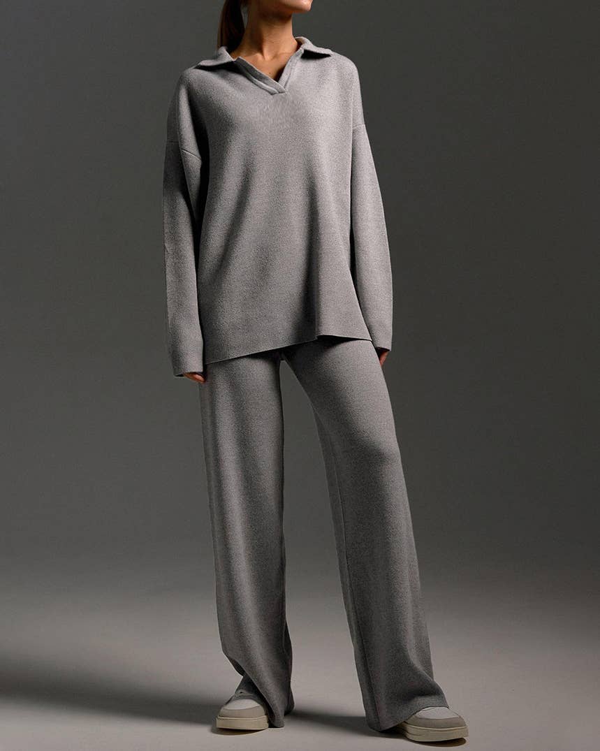 Long sleeve top and long pants sweater set: KHAKI / M