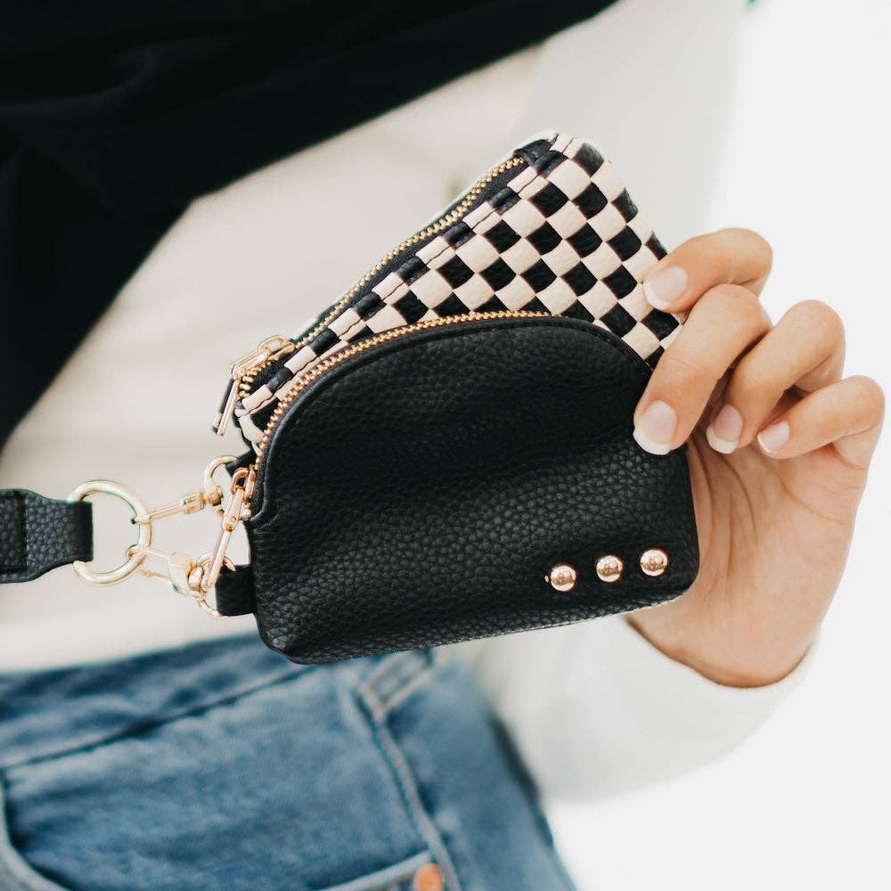 Wonderlust Woven Dual Pouch Wristlet: Black Checkered