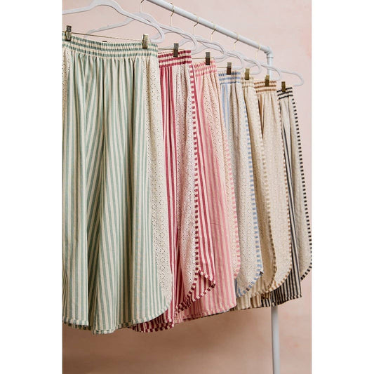 FLORAL EYELET SIDE ELASTIC STRIPES WIDE LEG PANTS: LIGHT PINK