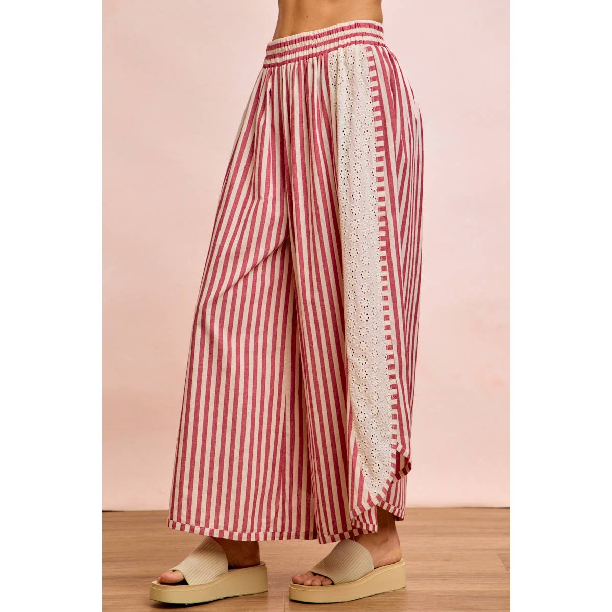 FLORAL EYELET SIDE ELASTIC STRIPES WIDE LEG PANTS: LIGHT PINK