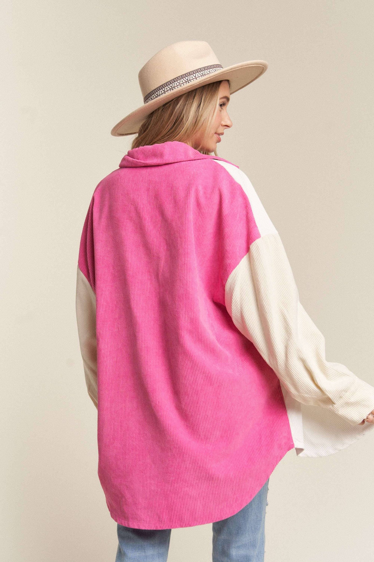 LEJ2636- CORDUROY COLOR BLOCKED SHACKET: WHITE/HOT PINK