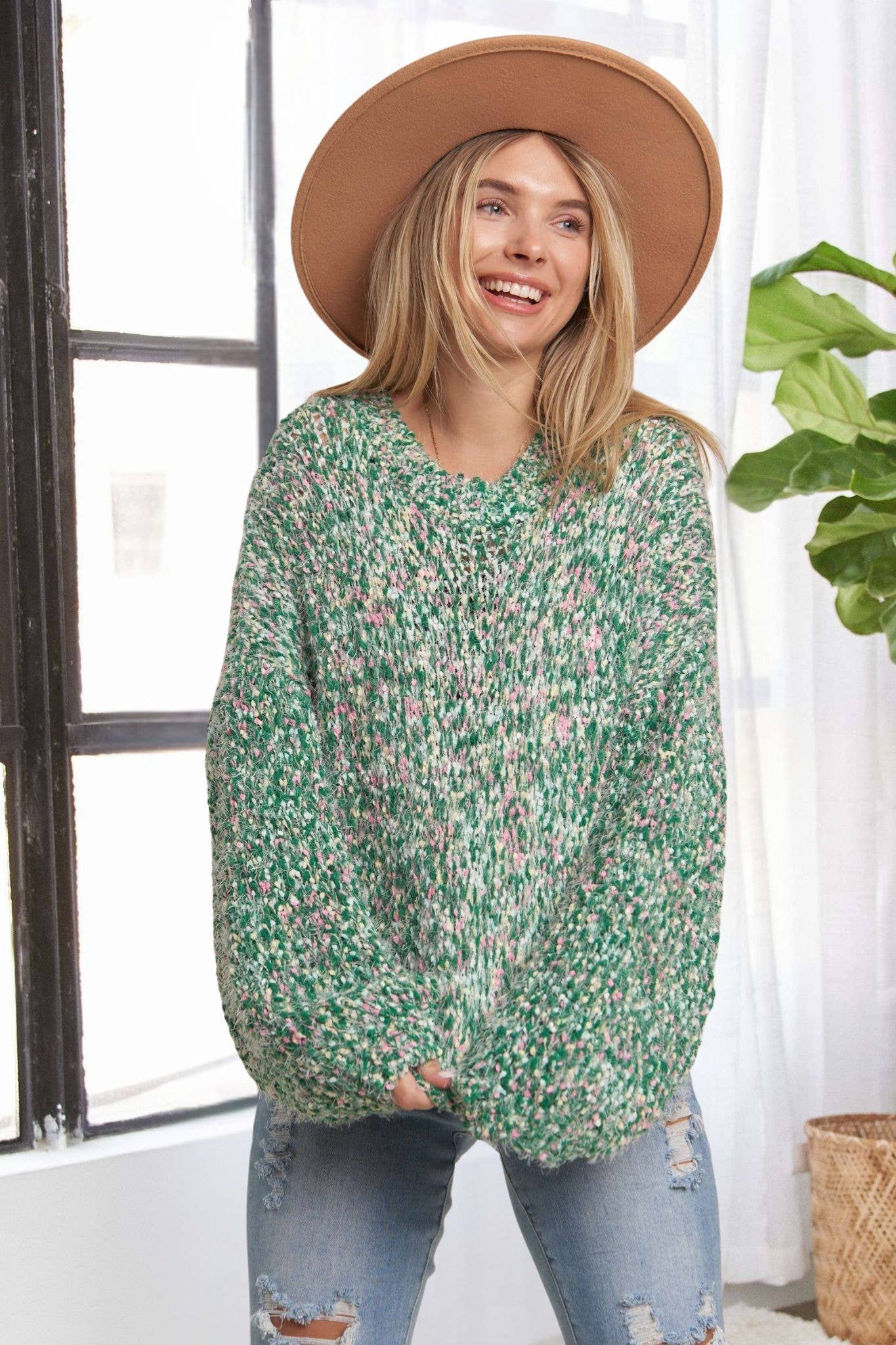 MULTI POPCORN TEXTURED SWEATER TOP: GREEN / S/M-M/L(3-3)