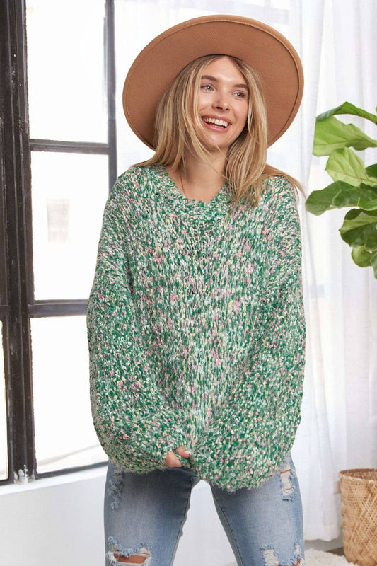 MULTI POPCORN TEXTURED SWEATER TOP: GREEN / S/M-M/L(3-3)